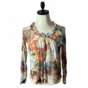 Yest Women's‎ Abstract Floral Print Sheer Long Sleeve Ruffle Neck Button Up Top